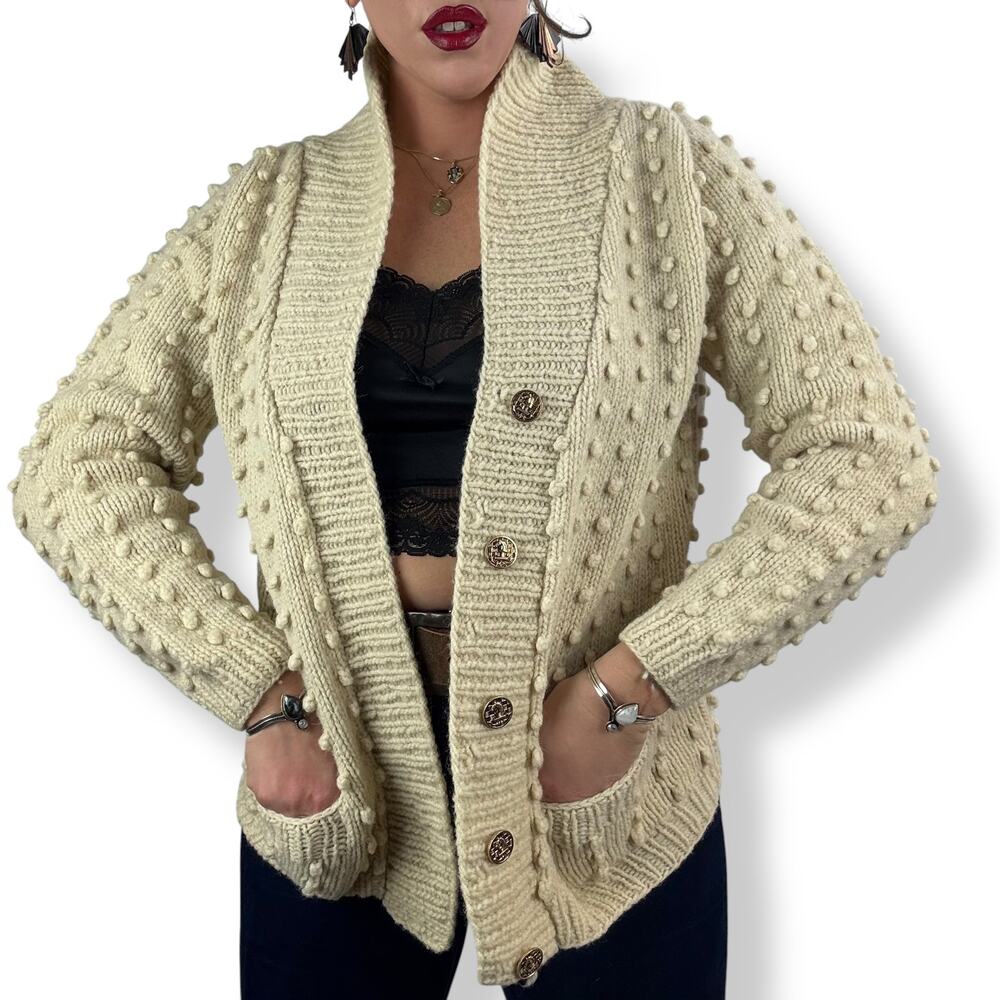 1970's cream pure natural Portuguese wool hand knit open cardigan - Picture 15 of 16